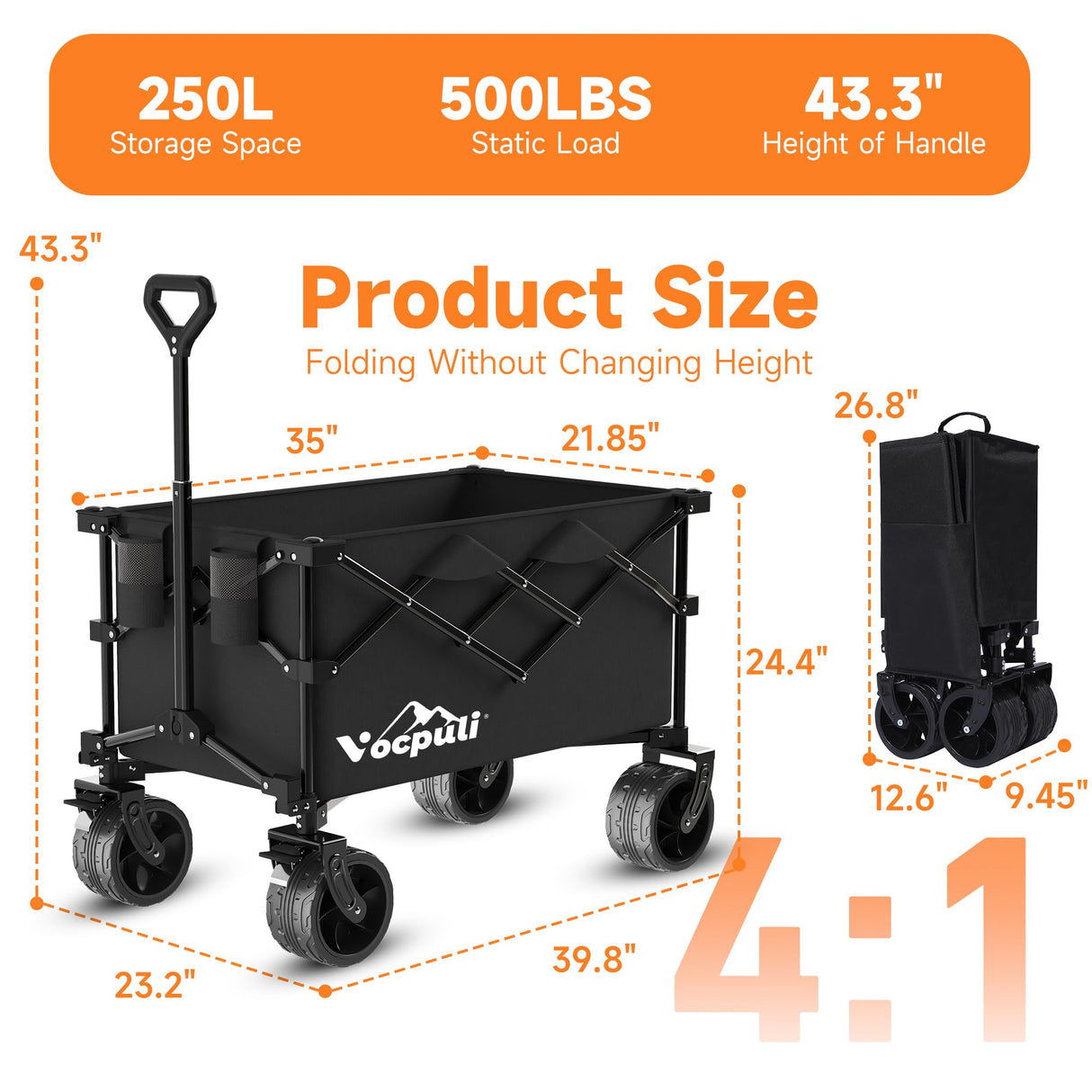 40" L Collapsible Wagon Cart Foldable, 500lbs Weight Capacity 250L Heavy Duty Folding Beach Wagons with Big All-Terrain Wheels, Utility Carts for Groceries, Shopping, Camping, Sports - Black