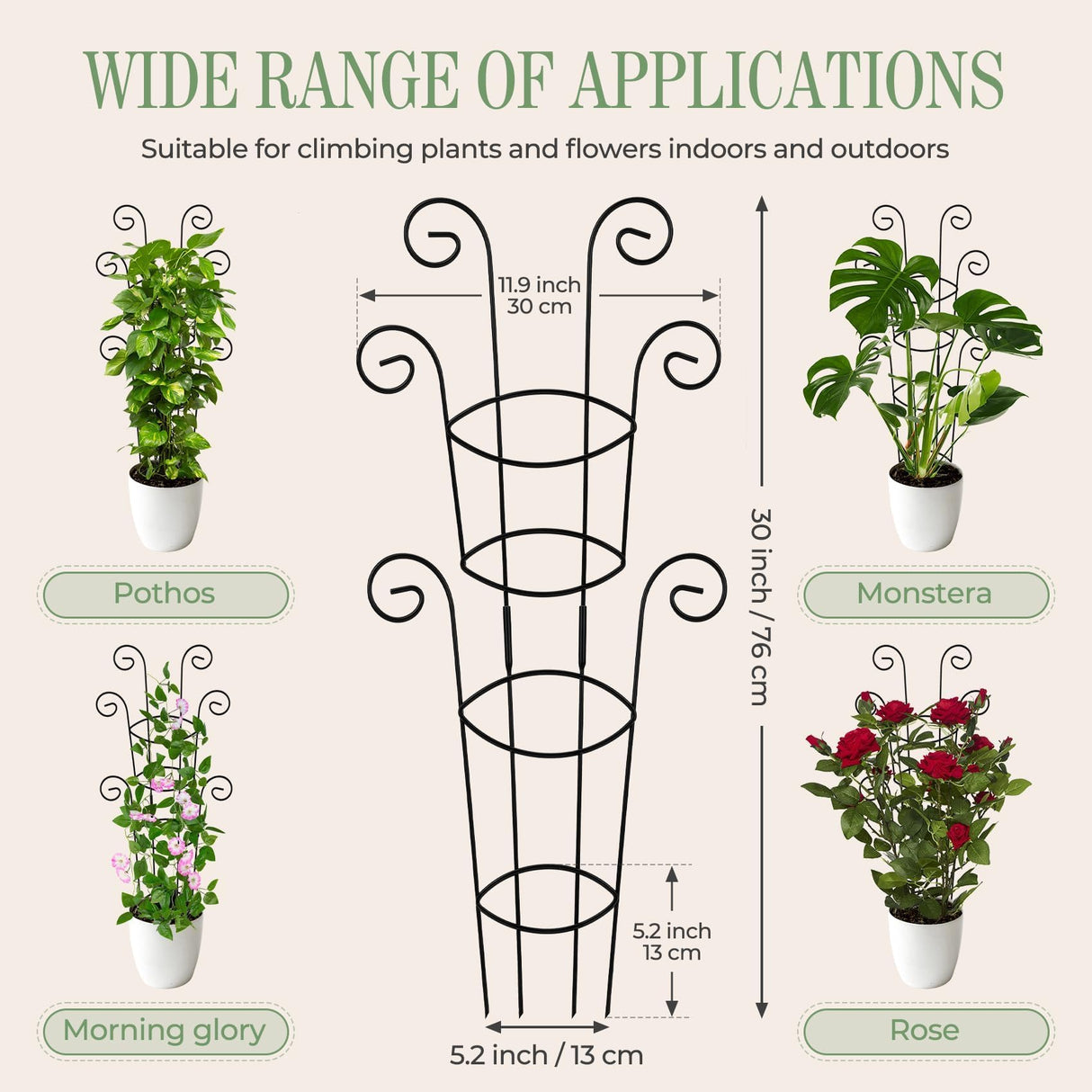 QIAOKAIYAN 4 Pack 30 Inch Tall Metal Plant Trellis for Climbing Plants Indoor - Rustproof Garden Trellis for Potted Houseplants, Sturdy Support for Ivy, Pothos, Monstera, Hoya & Flower Vines