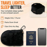 3-in-1 Airplane Sleep Support System - Integrated Plane Sleeping Accessories with Memory Foam Long Haul Flight Pillow, Adjustable Travel Eye Mask, and Blanket-Like Body Sling - Fits in Carry On