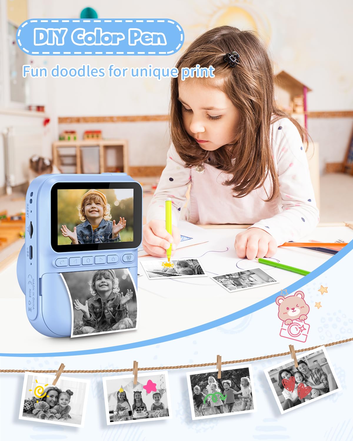 Kids Instant Print Camera, 3.0-inch HD Screen 32MP Photo Instant Digital Camera Christmas Birthday Gifts Toys for Children Girls Boys Age 3-12 - Blue