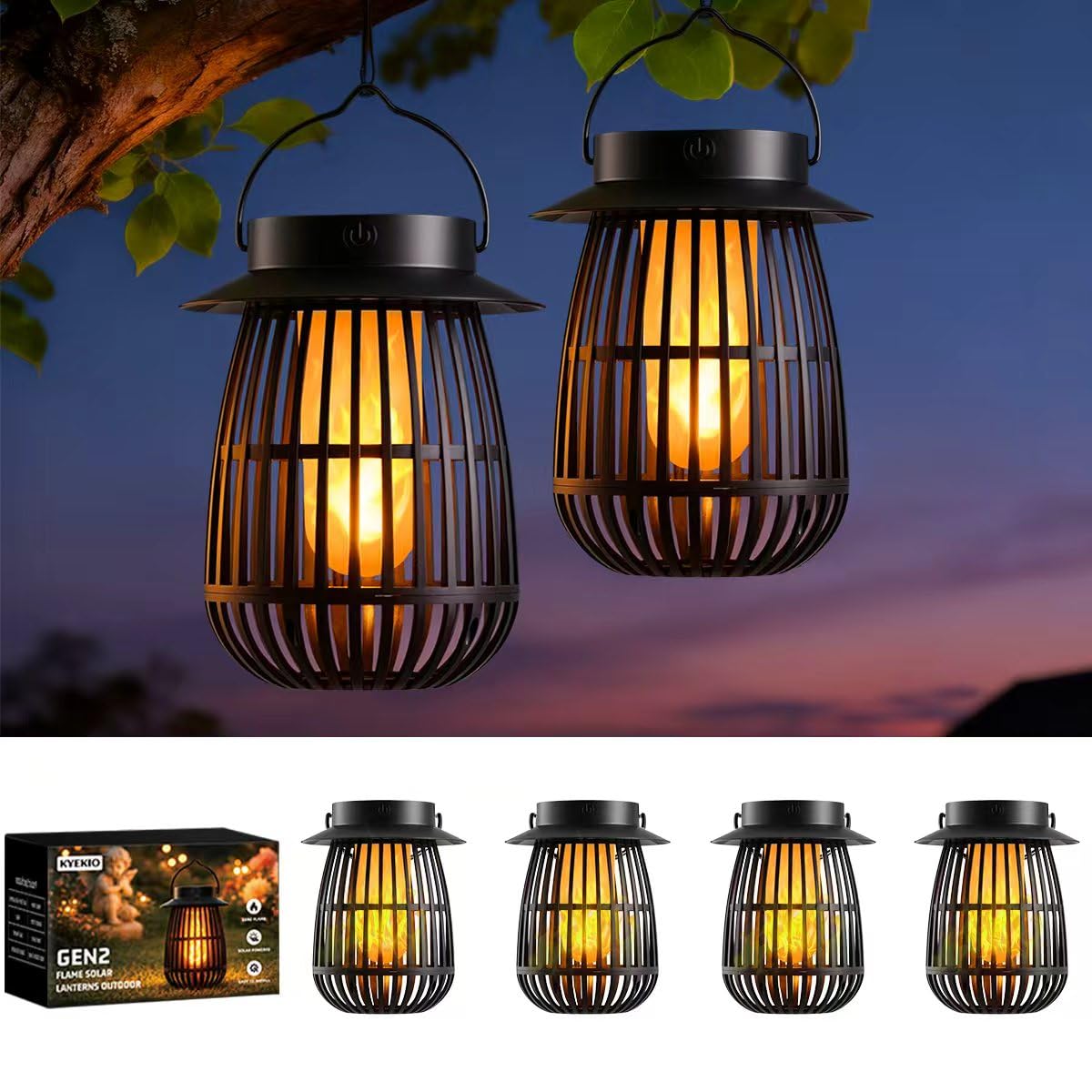 KYEKIO 4Pack Gen2 Flame Solar Lanterns Outdoor Waterproof, Solar Hanging Lantern Decorative, Flickering Flame Outdoor Lanterns Solar Powered, Lights for Yard Patio Garden Decor as Mothers Day Gifts