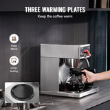 VEVOR 12 Cups Commercial Drip Coffee Maker, Coffee Maker Machine with 3 Glass Carafes and 3 Warmer Plates, Stainless Steel Pour Over Coffee Brewer with Auto Water Intake, for Restaurant Office Cafe