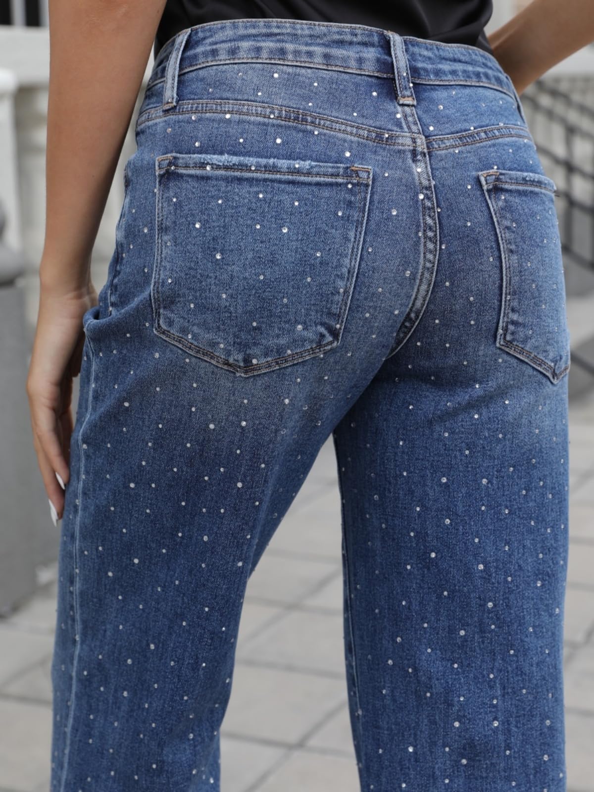 ONESO High Waisted Stretchy Women Wide Leg Jeans Buckle Baggy Pants Underwear Lady Trouser (US, Numeric, 30, Regular, Regular, High Rise-d-mid Blue)