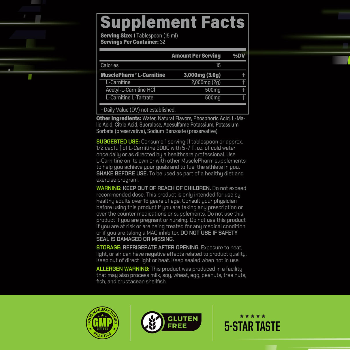 Muscle Pharm L-Carnitine 3000, The Ultimate Liquid L Carnitine Supplement for High-Performance, Supports Metabolism, Hydration & Energy, Zero Sugar/Calories, Peach Nectarine Flavor, 32 Servings