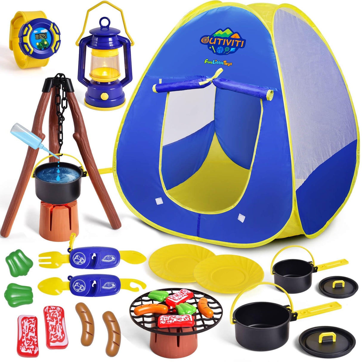 FUN LITTLE TOYS Kids Play Tent with Camping Toys, Toddler Tent with Battery Lantern, Kids Pop Up Tent Indoor Outdoor Toys Christmas Birthday Gifts for Boys