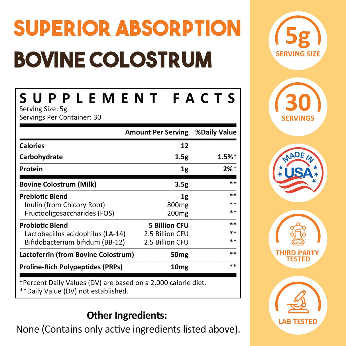 Colostrum Powder Supplement 5,000 mg, Grass-Fed Bovine Colostrum with Prebiotics, Probiotics, Lactoferrin & PRP, 30 Servings