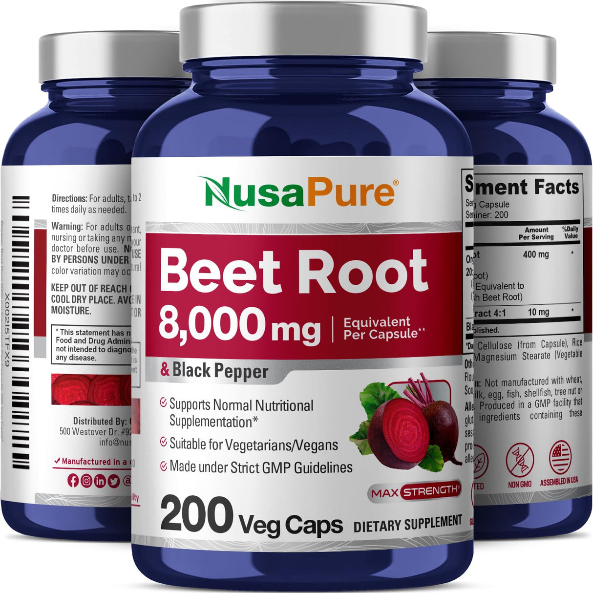 NusaPure Beet Root 8,000mg per Caps (Vegan, Non-GMO, Extract 20:1, Vegan) Black Pepper - 200 Veggie caps