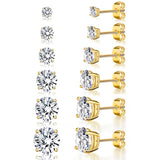 Gemsme 6 Pairs Cubic Zirconia Stud Earrings for Women/Men - Round Cut 4 Prong Settings 18K Gold Plated Hypoallergenic 3-8mm Clear Earrings Set - Gold