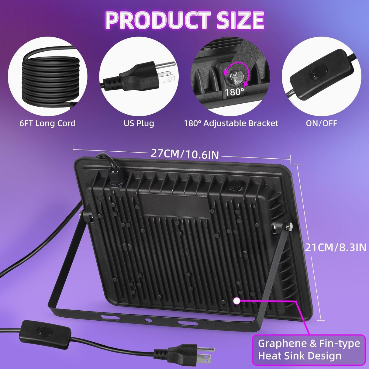 THECHAM 2 Pack Waterproof 120W LED Black Lights con 6ft Cord, Outdoor Black Lights Floodlight for Glow Party, Light Up 1100ft, Flood Light in Dark for Christmas, Birthday, Halloween