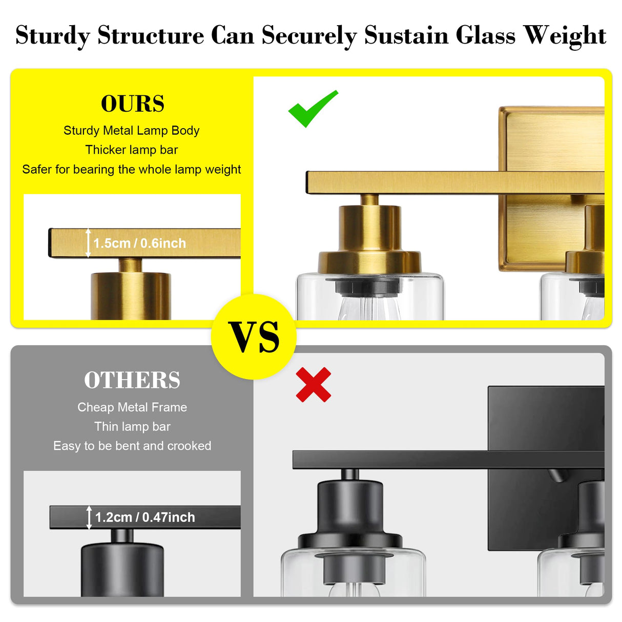 Ascher Bathroom Vanity Light Fixtures, 3 Light Wall Sconces Lighting with Clear Glass Shade, Gold Wall Lights for Mirror, Kitchen, Living Room, Gallery, E26 Base (Bulbs Not Included)