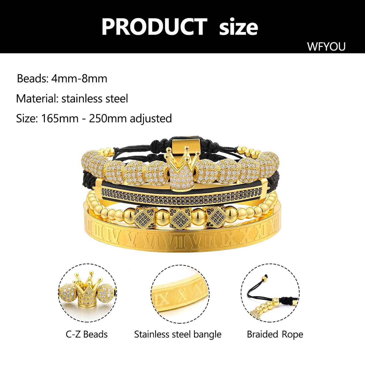 WFYOU Imperial Crown Bracelets for Men 18kt Gold Bracelet Cubic Zirconia Beads Bracelets Cross Bracelets Charm Men Luxury Gift