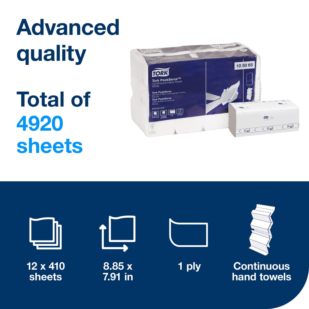 Tork PeakServe Continuous Hand Towel White H5, Advanced, Compressed, 12 x 410 sheets, 105065