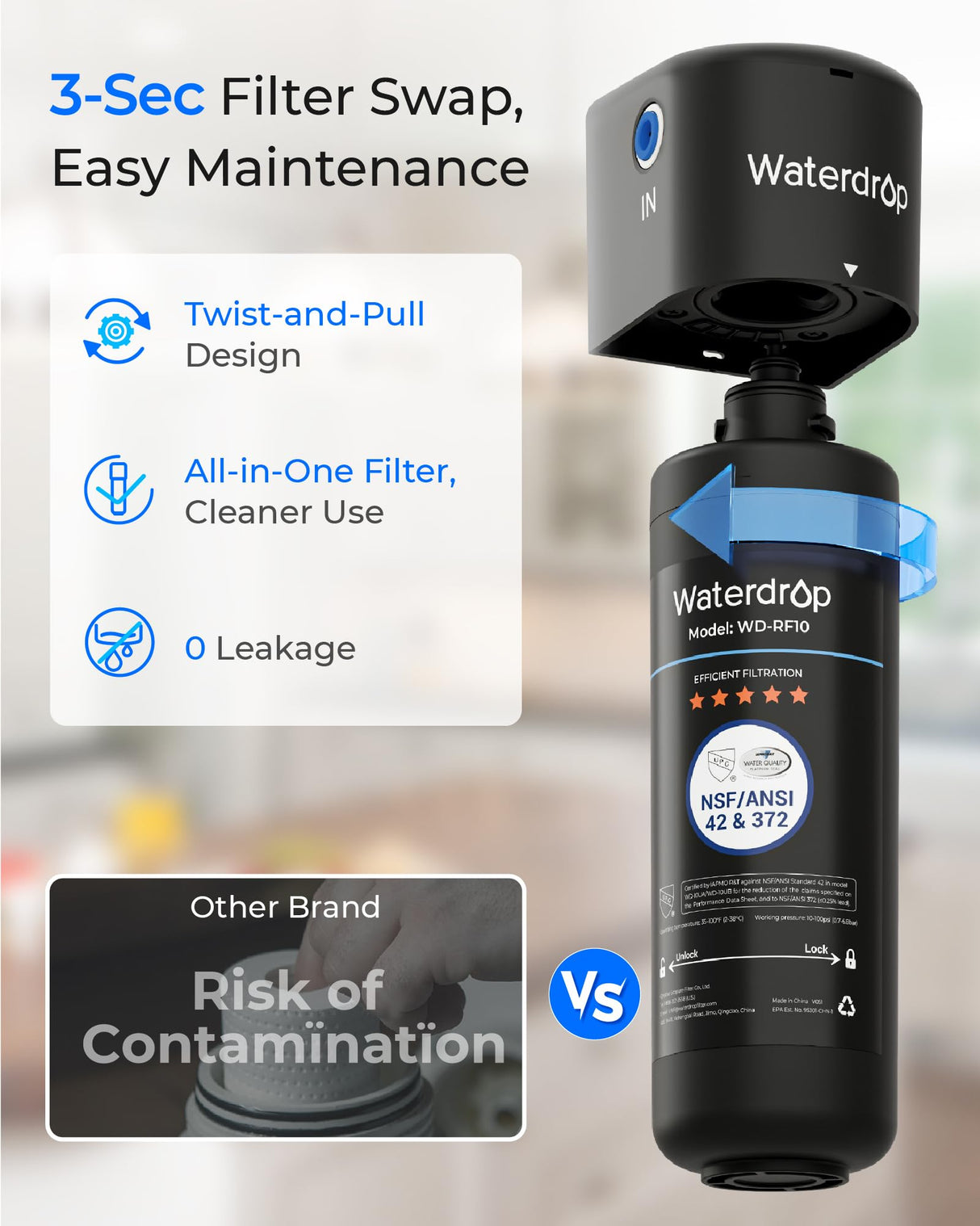 Waterdrop 10UA Under Sink Water Filter System, Reduces PFAS, PFOA/PFOS, Lead, Chlorine, Bad Taste & Odor, Under Counter Water Filter Direct Connect to Kitchen Faucet, NSF/ANSI 42 Certified, 1 Year