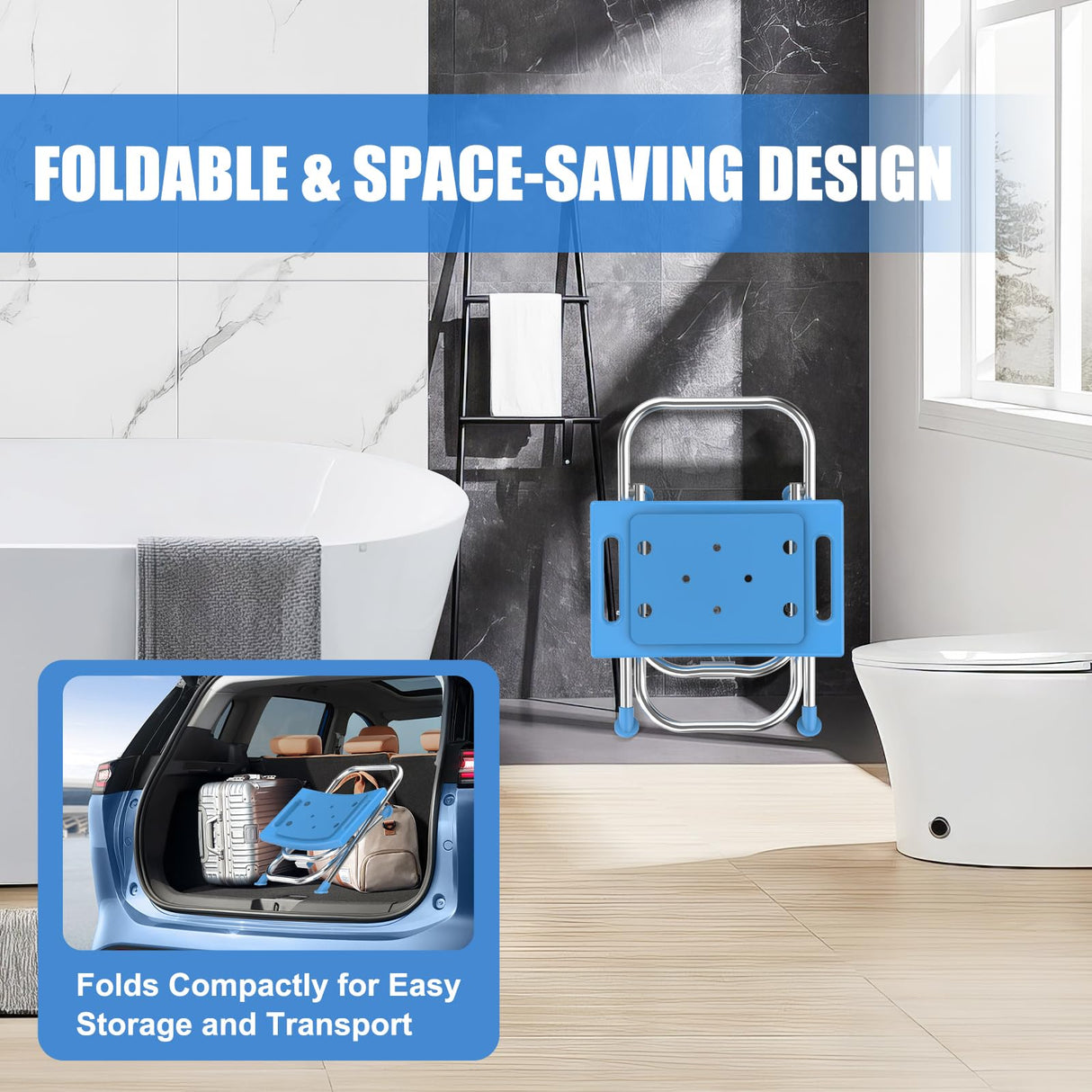 UGarden Folding Shower Chair Seat, 17.5" Stainless Steel Small Shower Chair for Inside Shower, 400lbs Portable Travel Shower Stool, Safety Anti-Slip Bath Chair for Seniors, Disabled, Blue