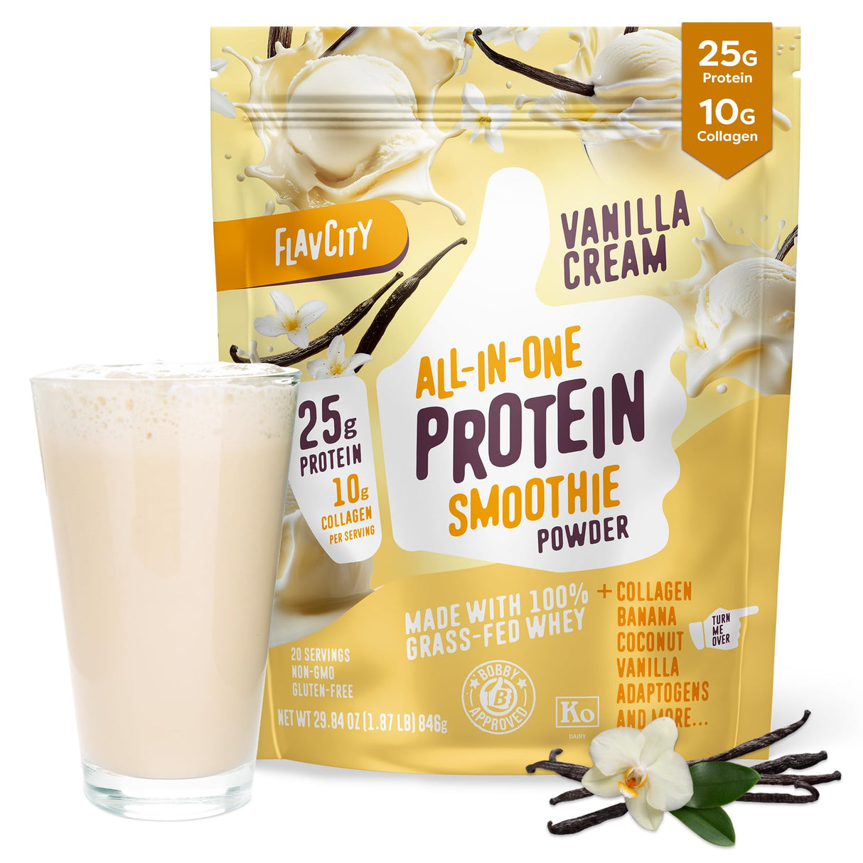FlavCity Grass Fed Whey Protein Powder - Vanilla Smoothie - 25g Protein & 10g Collagen - Made with Real Vanilla Bean & Organic Coconut Milk - Gluten Free & No Added Sugars (20 Servings)
