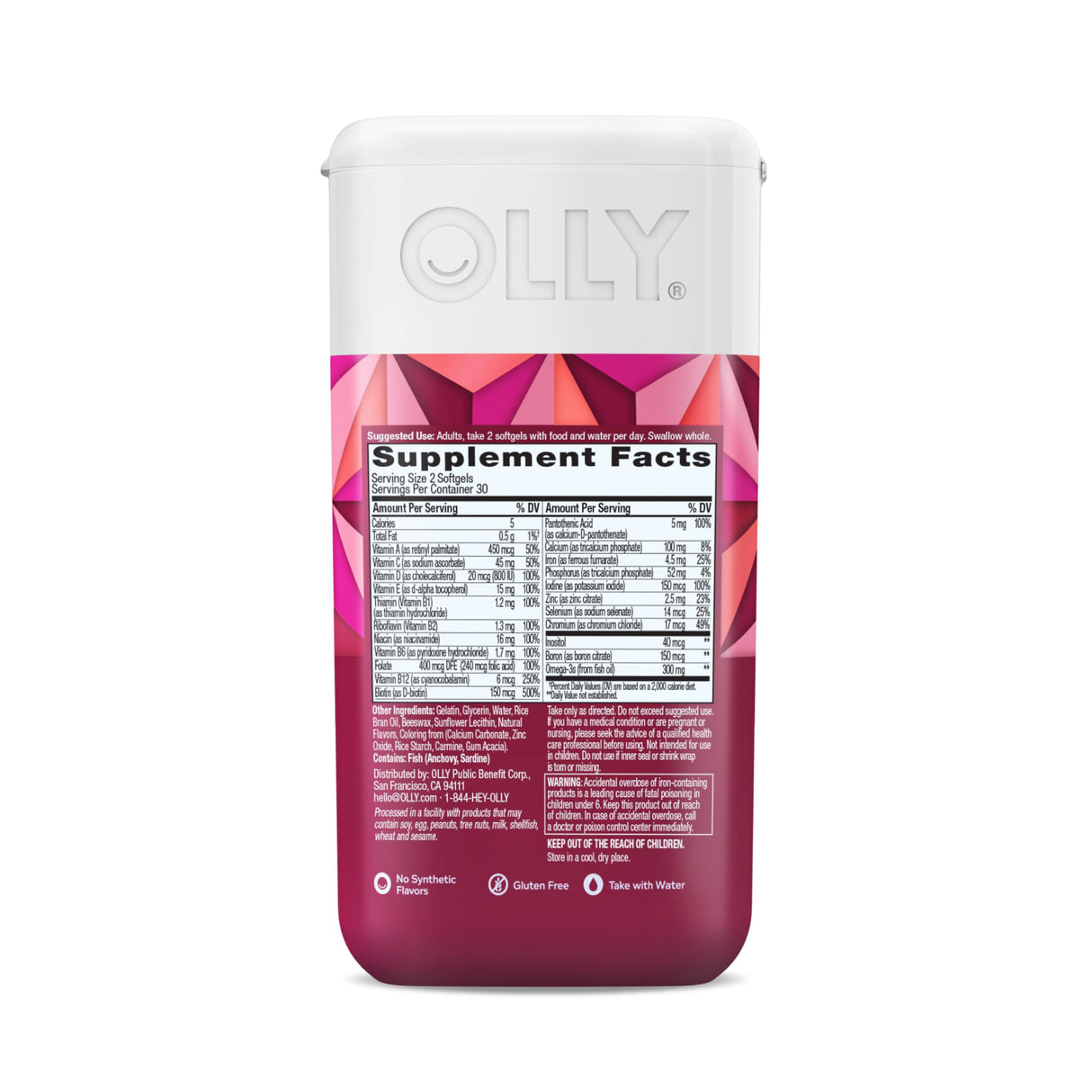 OLLY Ultra Women's Multi Softgels,Overall Health and Immune Support,Omega-3s,Iron,Vitamins A,D,C,E,B12,Daily Multivitamin,30 Day Supply -,60 Count (Pack of 2)