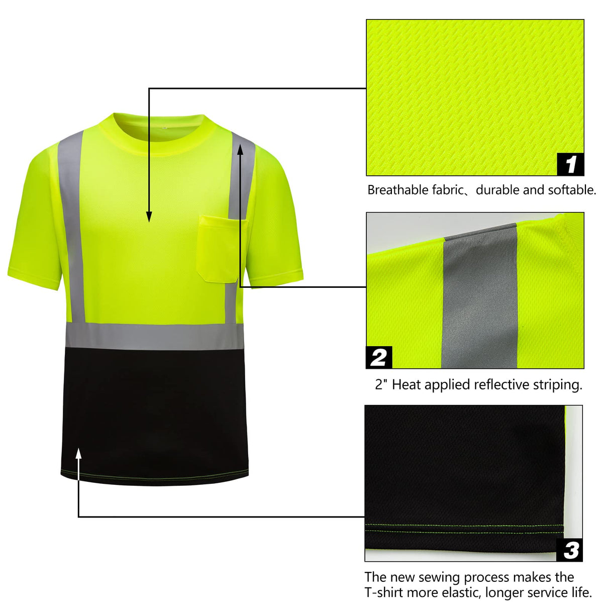 DPSAFETY Hi Vis Safety Shirts，High Visibility T Shirts with Reflective Strips and Pocket, Quick Dry Mesh Construction Work Shirt for Men/Women Black Bottom Lime 3pk 3XL