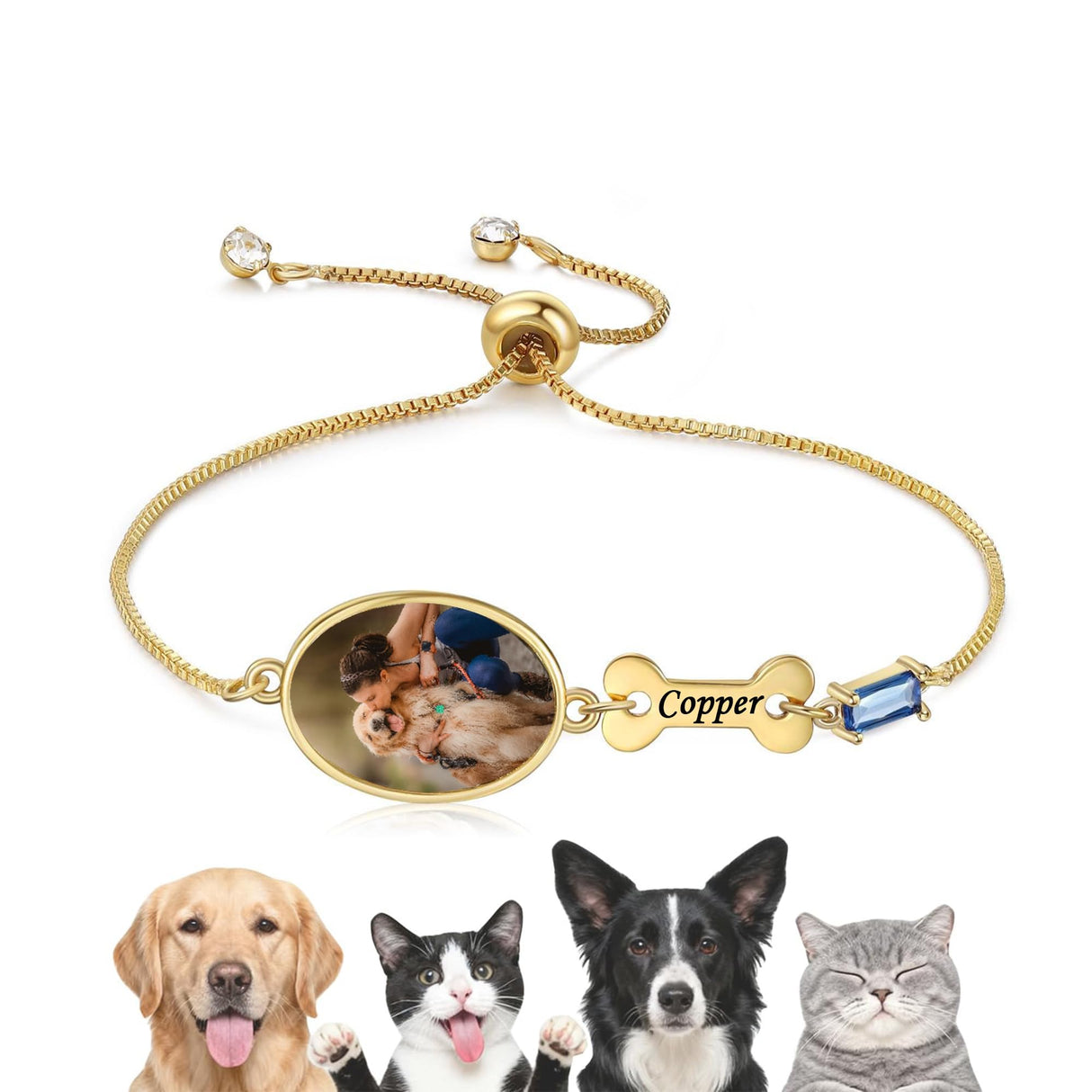 MYLONGINGCHARM Personalized Dog Memorial Bracelet for Women, Custom Pet Photo and Name, Adjustable Picture Bracelets, Dog Memorial Gifts for Loss of Dog (Gold, Bone)
