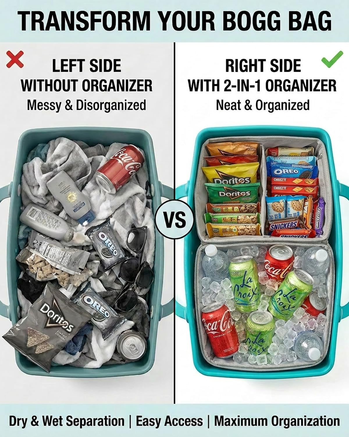 2-in-1 Cooler Organizer Insert for X Large Bogg Bag Accessories, 2-in-1 Dry-Wet Separate Tote Insert with Leakproof Cooler&Mesh Storage Bag,Bogg Bag Accessories for Beach,Camping,Picnic,Travel (Grey)