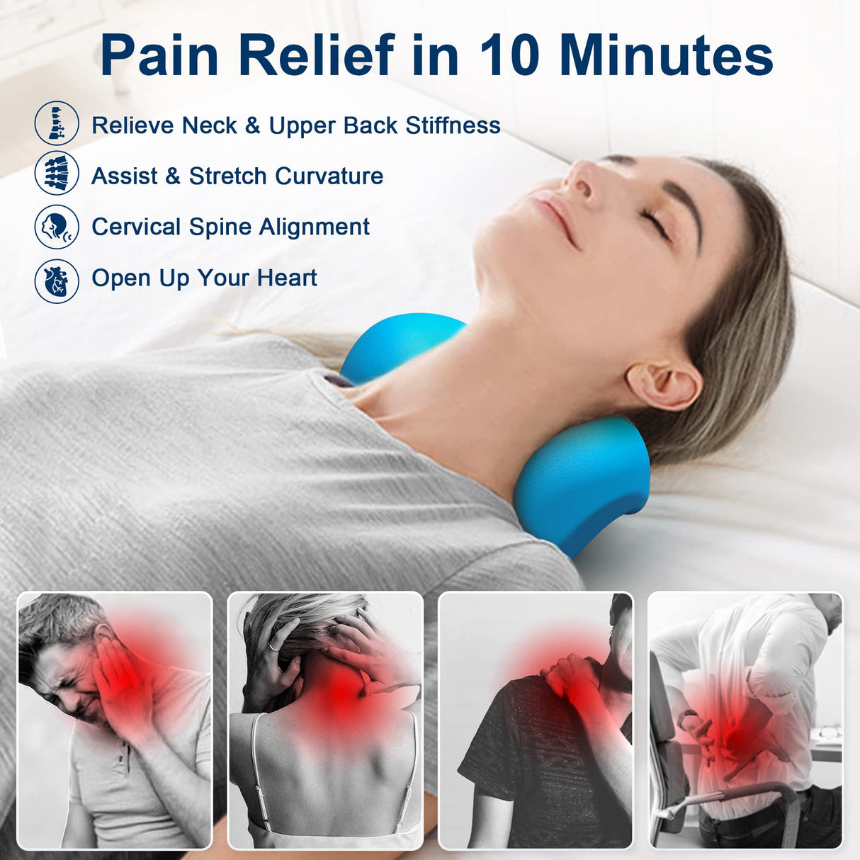 Fanlecy Neck and Shoulder Relaxer with Upper Back Massage Point, Cervical Traction Device Neck Stretcher for TMJ Pain Relief and Cervical Spine Alignment Chiropractic Pillow (Blue)