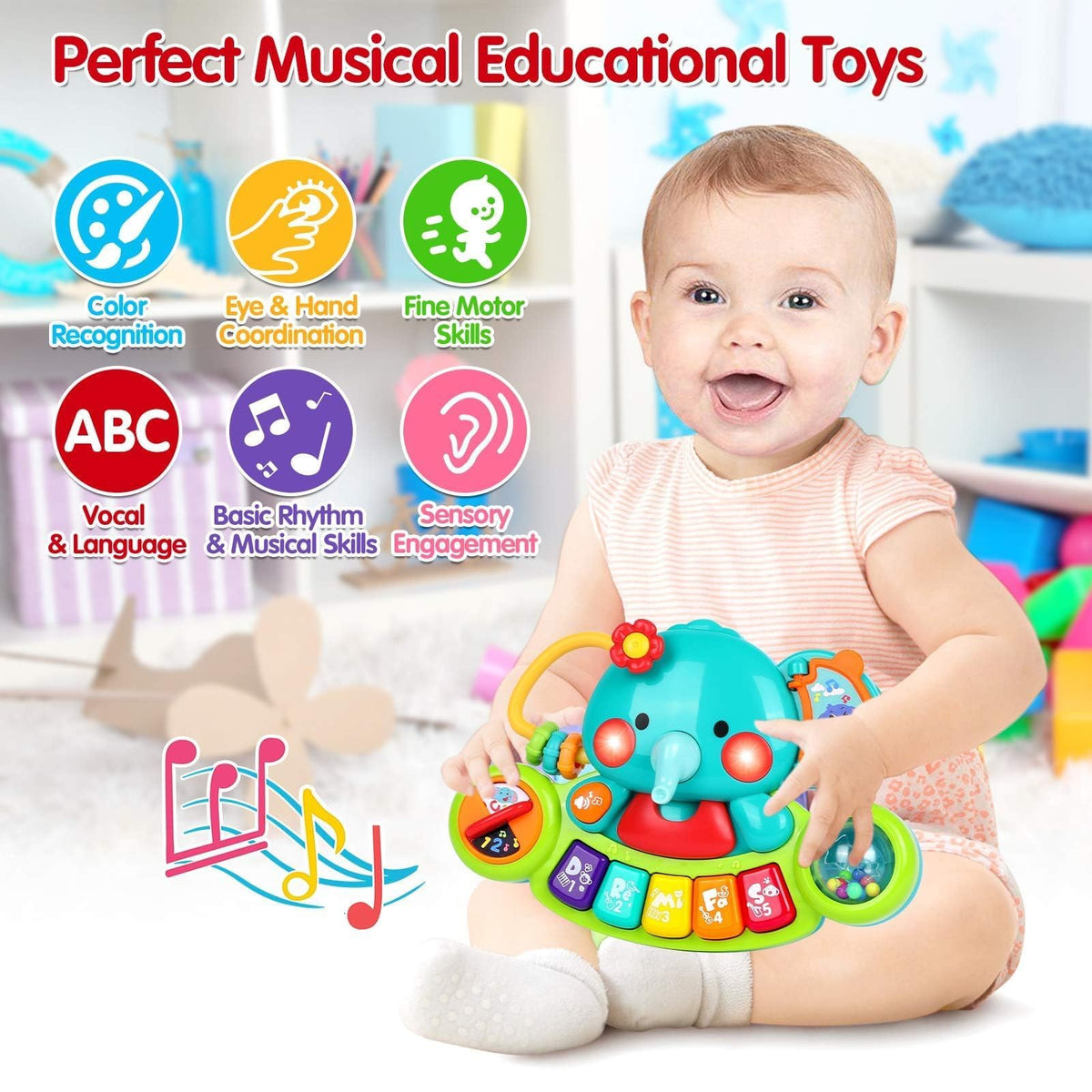 Baby Piano Toys 6-12 Months, Elephant Piano Keyboard Newborn & Infant Toys