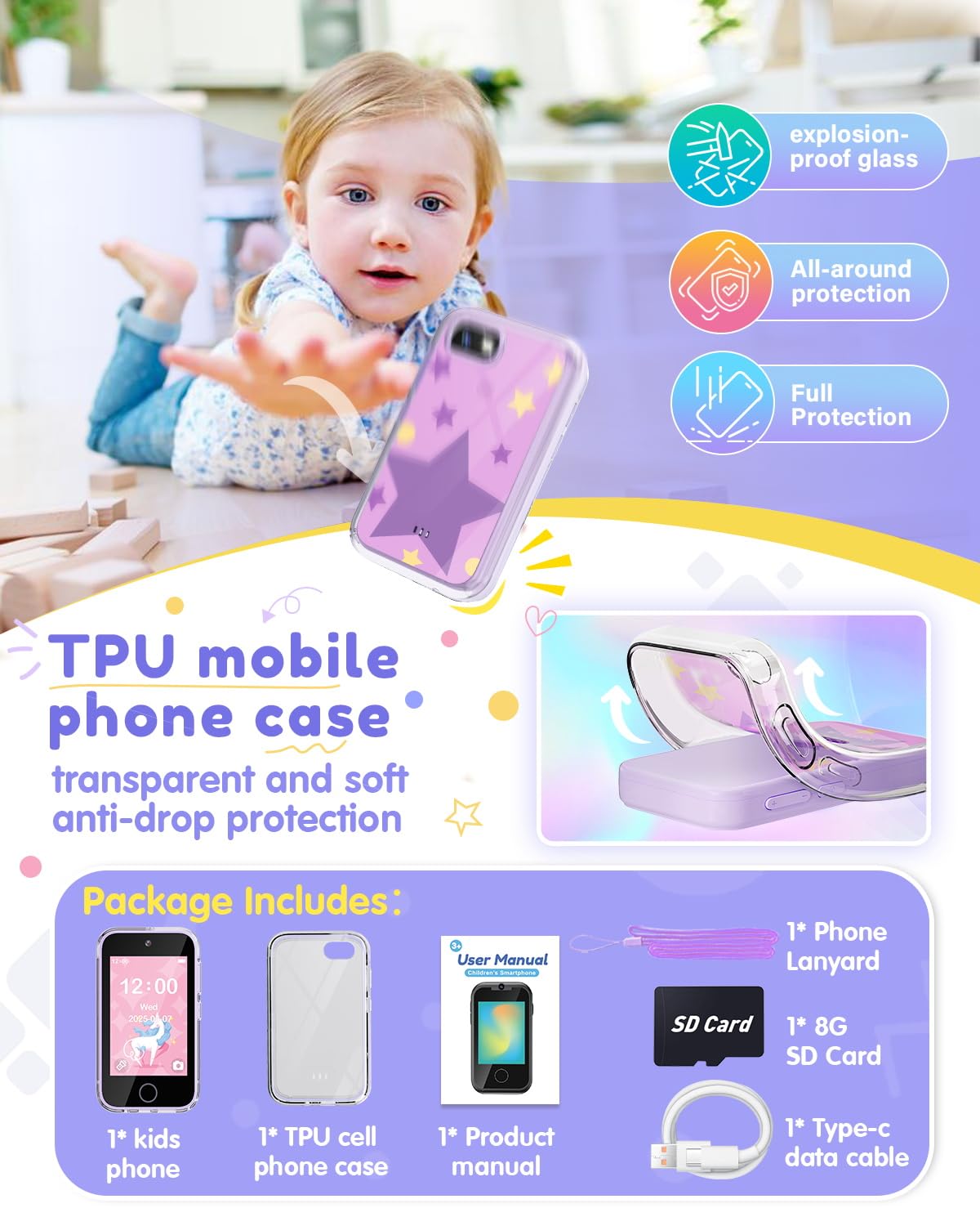 JOYJAM Phone for Kids Age 3-8,Kids Smart Phone for Girls Christmas Birthday Gifts,Toy Phone with Dual Camera Music Player Puzzle Games,Touchscreen Phone Learning Toy for 3 4 5 6 7 8 Year Old Girls