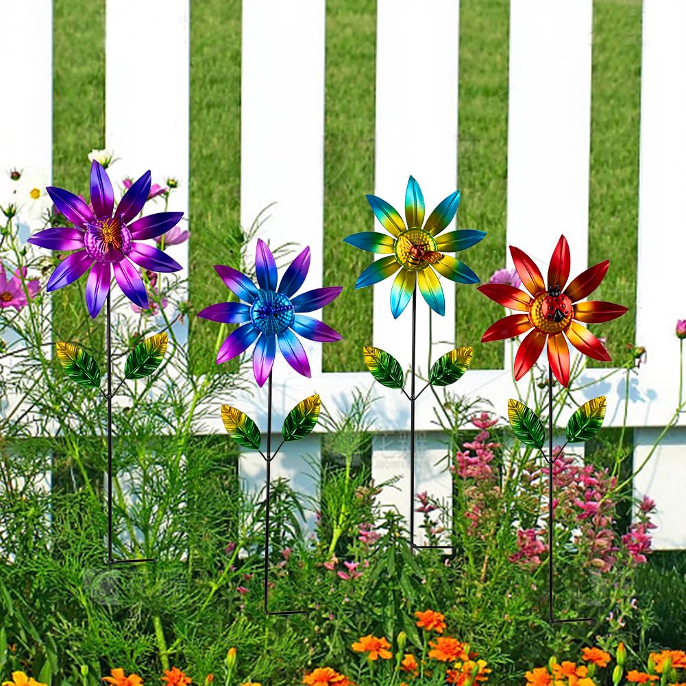 Sunnylight 4 Packs Wind Spinner Outdoor, Pinwheels for Yard and Garden, Metal Flower Decorative Garden Stakes for Lawn Patio Porch Decor