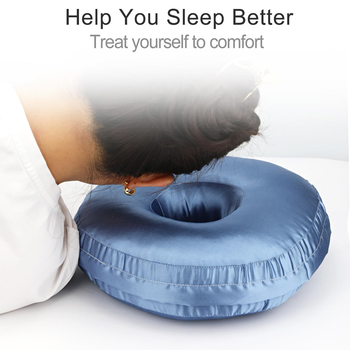 Washable Silky Satin Ear Piercing Pillow with Removable Pillowcase Smooth Cooling Donut Pillows Hole for Ear Pain Relief CNH Sleeping Pressure Sore Side Sleepers Ear Guard Protector, Haze Blue