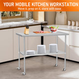 HOCCOT Stainless Steel Table with Wheels 30" x 48" Utility Worktable with Adjustable Undershelf for Commercial Kitchen, Garage, Restaurant