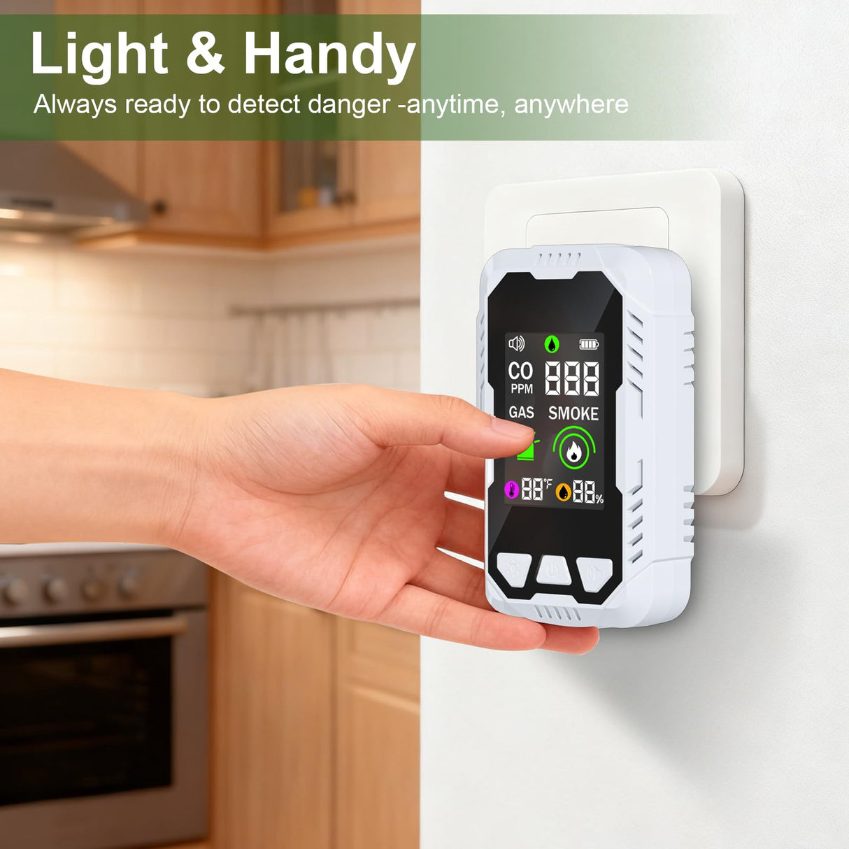 5-in-1 Carbon Monoxide Detector Combo with LCD Display, Detects CO, Natural Gas, Smoke, Temperature, Humidity for Home Hotel, Camping RV, Apartment Safety, Plug-in Monoxide Alarm HD Screen 1 Pack