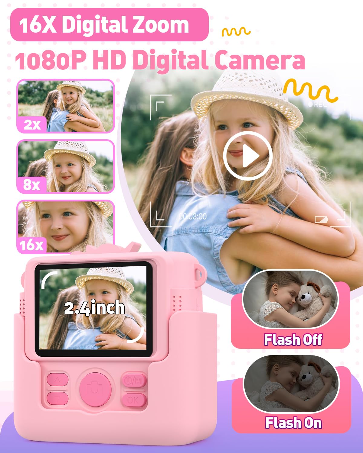 Kids Camera Instant Print with Silicone Cover, Creative Gifts for Girls Age 4-12 Birthday Christmas, 1080P Digital Camera Toy with 32GB SD Card - Pink