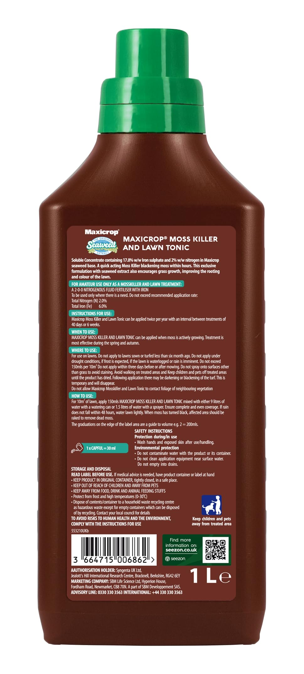 Maxicrop 86600258 Moss Killer & Lawn Tonic, 1L - Fast Acting 2-in-1 Moss Killer and Lawn Re-Growth Tonic - with Natural Seaweed Extract - Improves Lawn Health and Strong Rooting - Garden Care