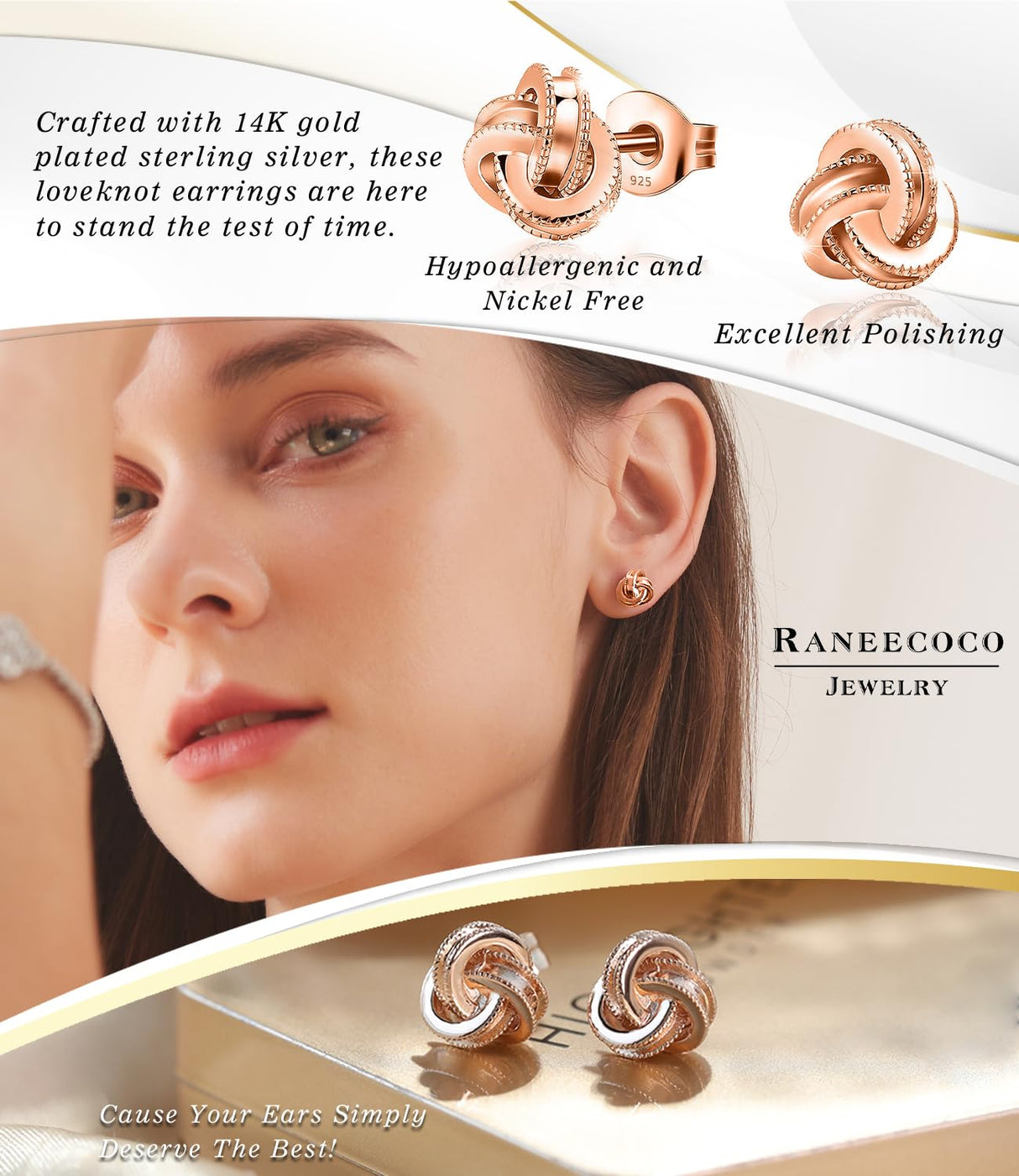 Gold Plated Sterling Silver Studs Love Knot Earrings For Women | Hypoallergenic & Nickle Free Jewelry for Sensitive Ears (8, white-gold-plated-silver)
