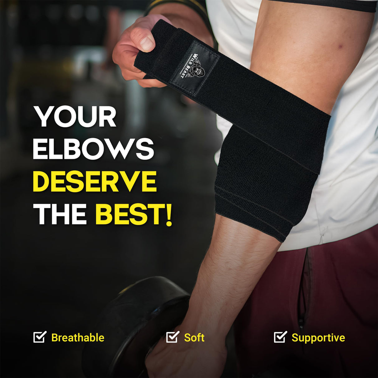 WildBeast Elbow Wraps for Weightlifting (Pair), Flexible 41" Elbow Compression Strap, Joint Support Brace for Bench Press, Powerlifting, Fitness & Gym Workout, Golfer's Elbow, Gym Accessories for Men