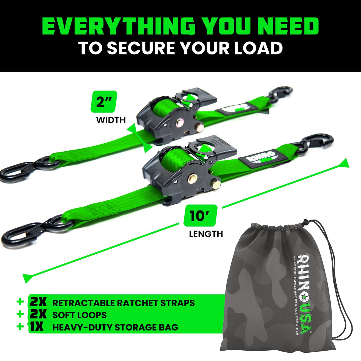 Rhino USA Retractable Ratchet Straps (2-Pack) - 2 Inch x 10 Feet (3,033lb Break Strength) - Heavy Duty Auto Self Retracting Tie Down Straps for Truck, Cargo Trailer, Motorcycle, Rad & More - Green