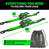 Rhino USA Retractable Ratchet Straps (2-Pack) - 2 Inch x 10 Feet (3,033lb Break Strength) - Heavy Duty Auto Self Retracting Tie Down Straps for Truck, Cargo Trailer, Motorcycle, Rad & More - Green
