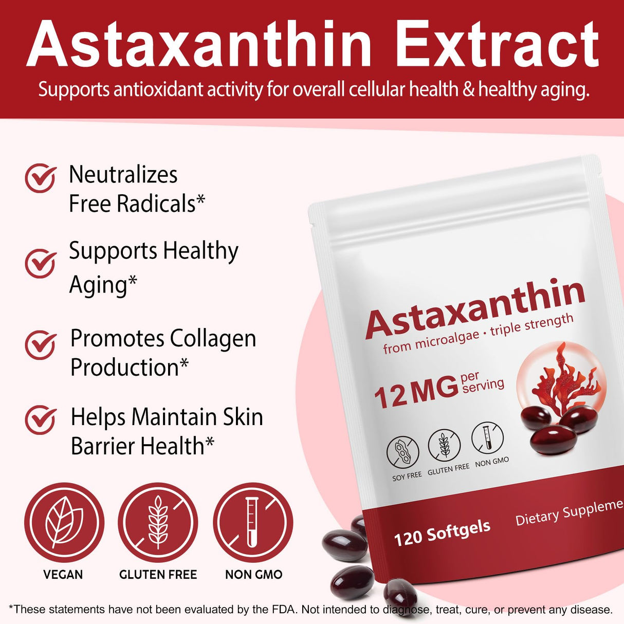Astaxanthin Supplements 12mg, 120 Astaxanthin Softgels, Premium As-taxanthin Antioxidant Supplements with Antioxidant Activity, Supports Eye, Skin, Immune, Joint, Internal Circulation-4 Month Supply