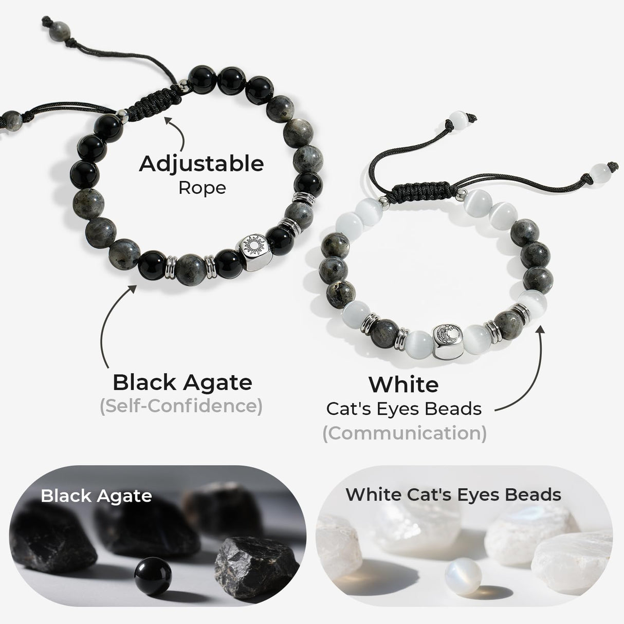 Elegant Beaded Bracelets - Natural Stone & Stainless Steel Healing Energy Jewelry for Couple Lover, Adjustable Sun and Moon Non-Smart Bracelet Set with Positive Meaning, Perfect Friendship Gifts