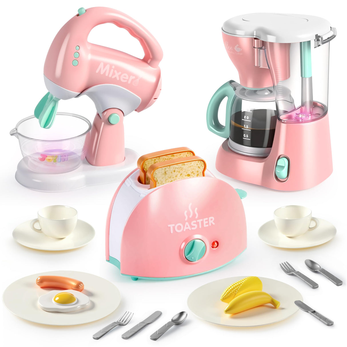 Joyin Play Kitchen Toys, Pretend and Play Food Kitchen Accessories Girls Toy with Coffee Maker, Mixer, Toaster with Realistic Lights& Sounds, Birthday Gift for Kids Gifts for Christmas