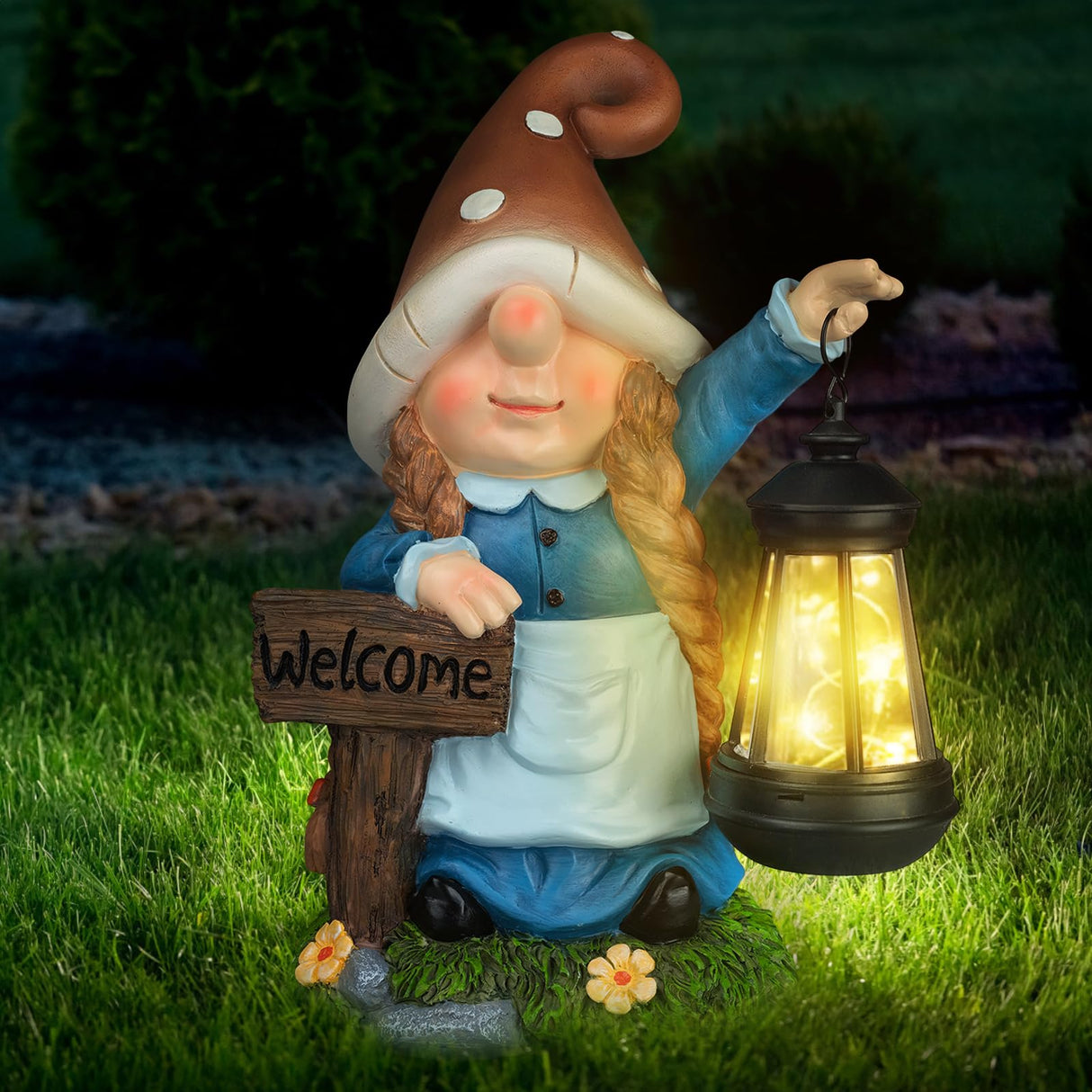 FLJZCZM Solar Large Gnome Garden Statue with LED Lantern Welcome Sign Blue