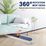 KeFanta 36" Commercial Dust Mops for Floor Cleaning,Industrial Dry Mop with Heavy Duty Long Handle,Large Cotton Reusable Mop Head,for Hardwood,Tile,Concrete,Laminate,Garage Floors(Blue)