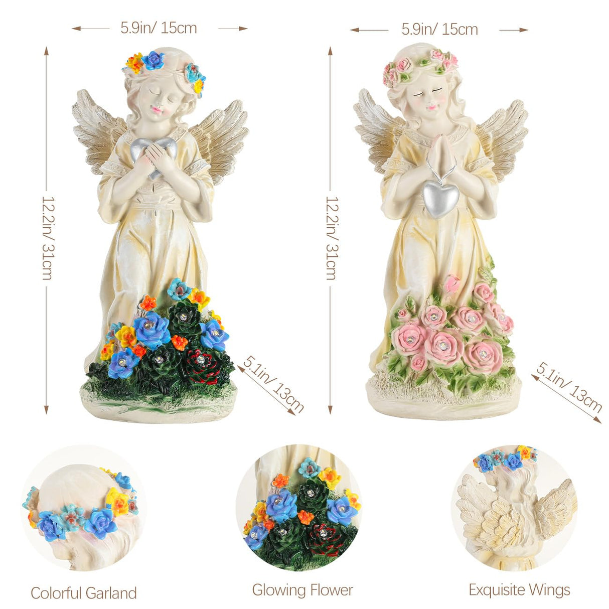 Kssiaz Angel Garden Statue 2Pcs,Love Heart Solar Garden Decor with Warm Light,Waterproof Praying Angel Statue with Flowers,Outdoor Garden Decor Sculpture for Lawn Yard Patio Garden Present,Apricot