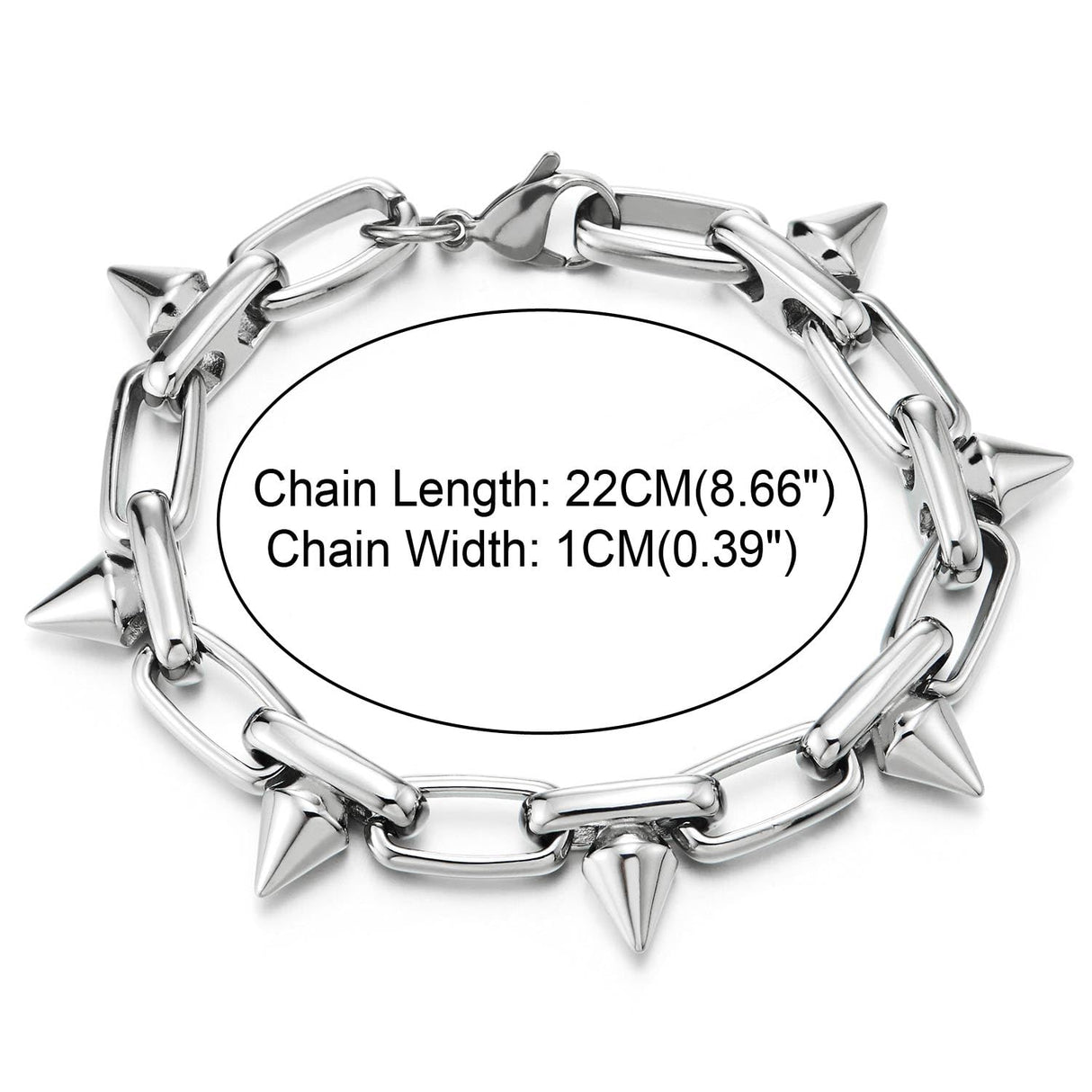 COOLSTEELANDBEYOND Men’s Stainless Steel Spiked Paperclip Link Bracelet With Lobster Clasp, Punk Rock Chain Wristband