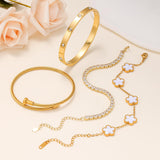 Gold Bracelets for Women, 18K Gold Plated Women Tennis Bracelets Clover Nail Love Bangle Bracelet Set, Gold Bracelet Stackable Set Trendy Jewelry, Gifts for Women's Day and Mother's Day (04-Color-white)