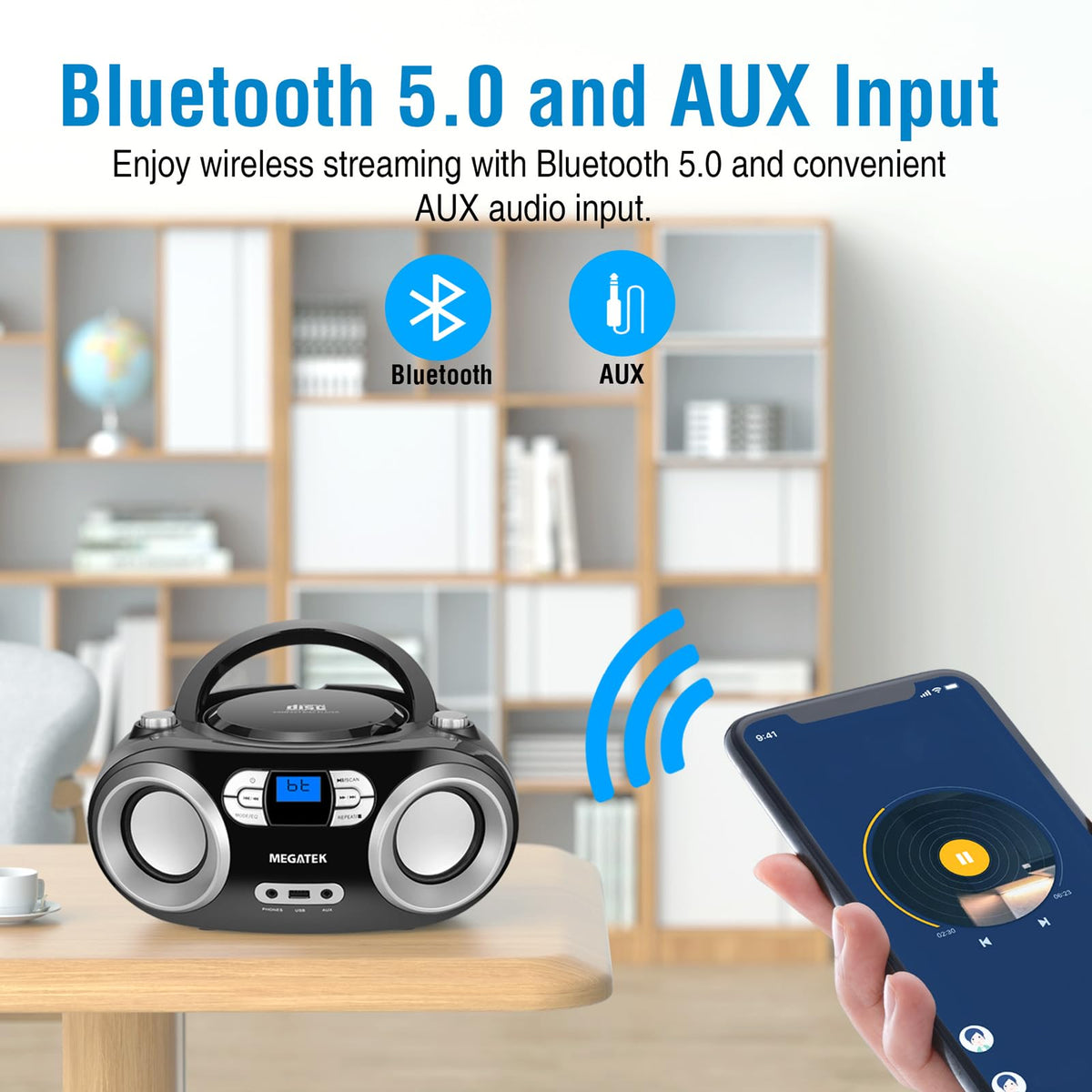 MEGATEK Portable CD Player Boombox with Bluetooth & FM Radio – Black