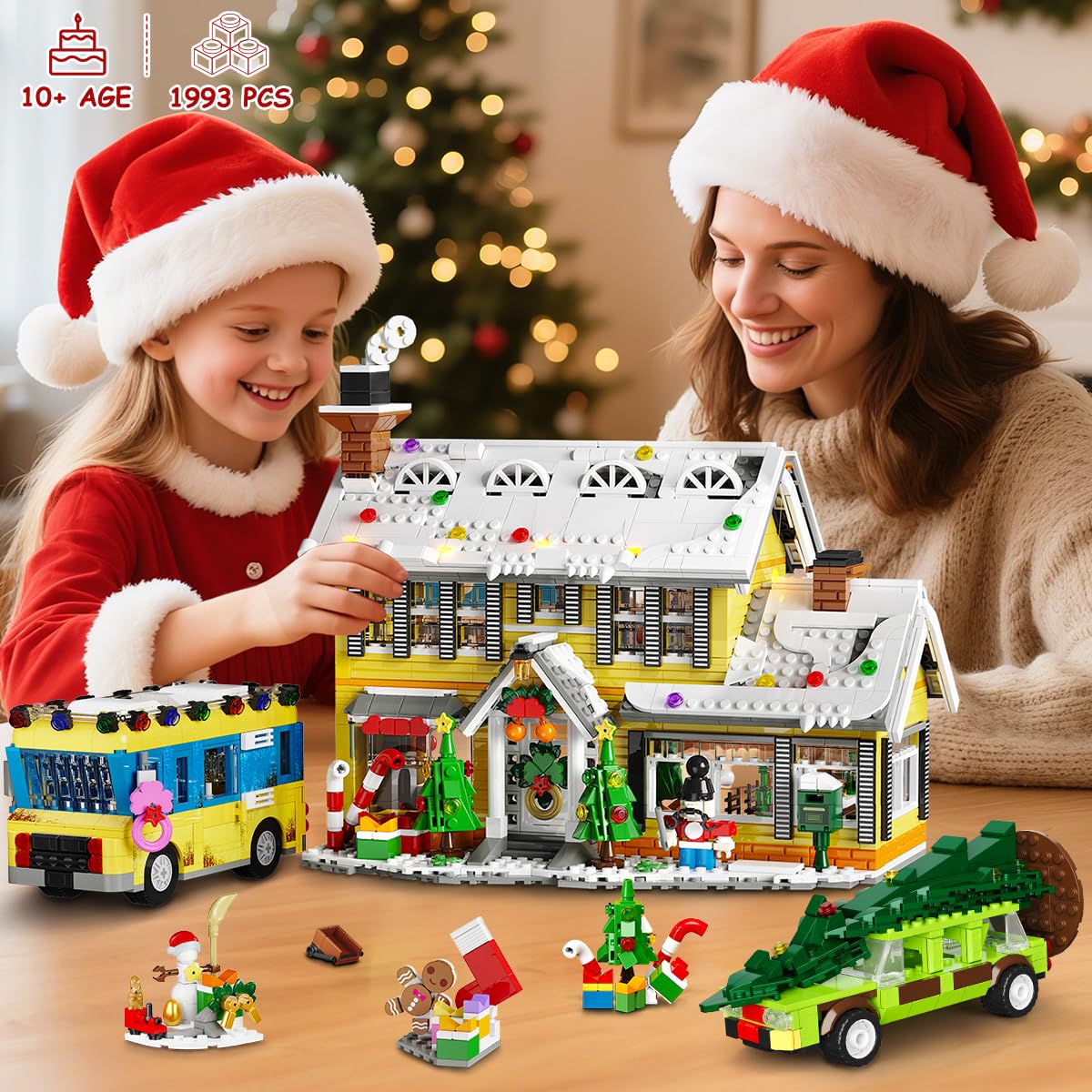 CUBIMANA 2025 Christmas Gingerbread House Village Building Set with Light - 1993PCS Holiday Snow Village Mini Building Blocks Toy with Bus & Pickup Truck Xmas Gifts for Adults Kids Boys Girls Age 12+