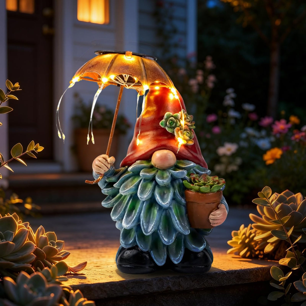 SUCUY Solar Outdoor Statues Gnome Garden Decor, Garden Gnome with Solar LED Umbrella Decorative for Patio, Balcony, Lawn, Yard Ornament - Christmas Gardening Gifts for Mom Grandma