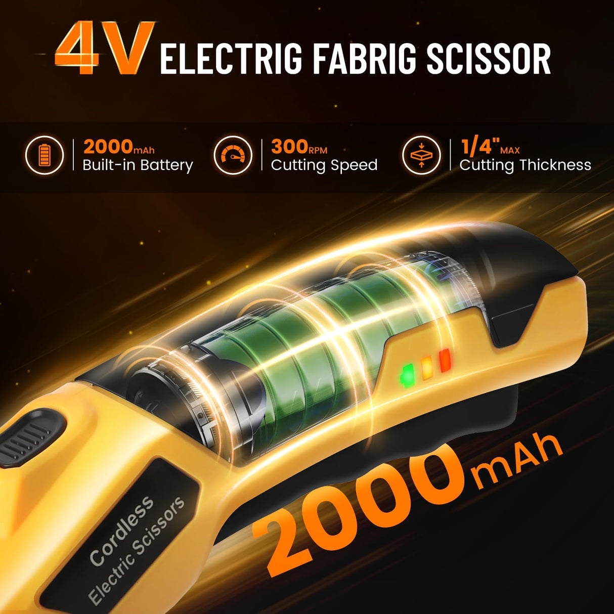 Electric Scissors, Cardboard Cutter, With LED Light, High-Efficiency Brushless Motor, 2000mAh Battery, Tungsten Steel Blade, Suitable for Cloth, Cardboard, Carpet Wire Rope Cutters Yellow
