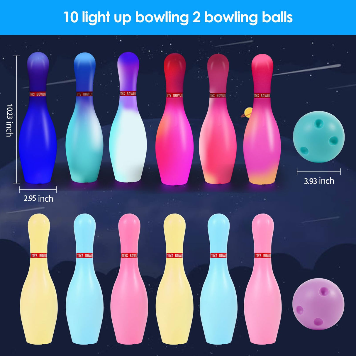 Zloveleexr Light Up Bowling Set, Glow in The Dark Bowling Pins for Outdoor and Indoor Kids Games Fit Christmas New Year Party Gift, Kids Education Motor Skills Toys(bolwing pin 10.23in)