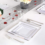 WDF Silver Plastic Dessert Plates with Plastic Forks - 6” 100 Square Disposable Appetizer Plates Small Plates Cake Plates with Silver Rim &100 Small Appetizer Forks for Christmas Party/Wedding